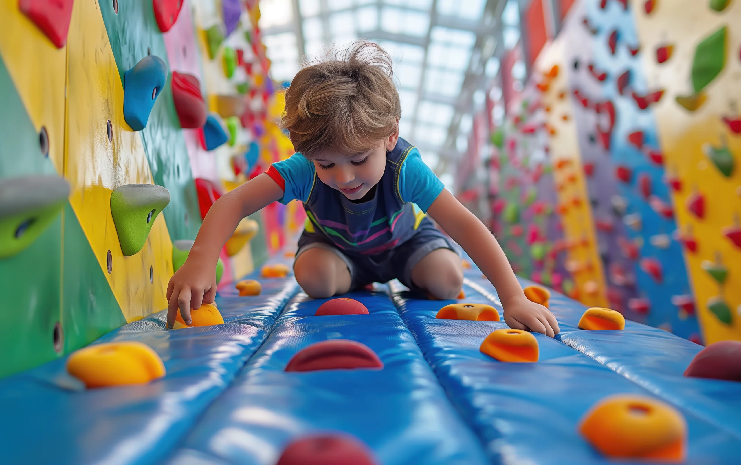 Niño escalando un muro en un parque infantil de interior